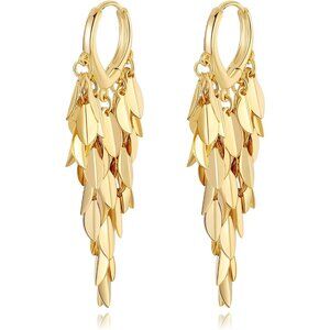 Women’s 18K Gold-Plated Leaf Hoop Earrings with Dangle Tassel Design for Elegant